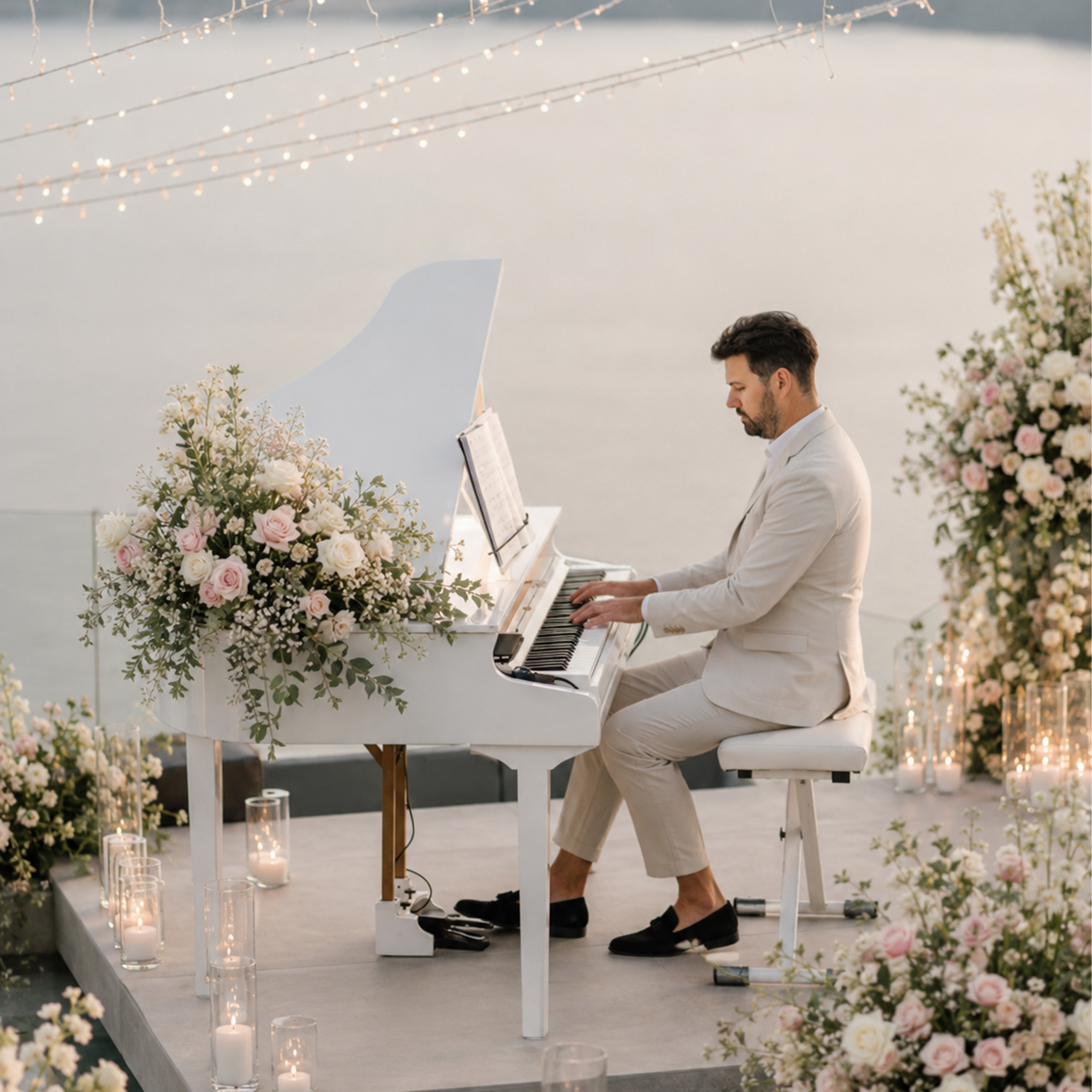 Newport Beach ceremony music setting with elegant live piano for weddings