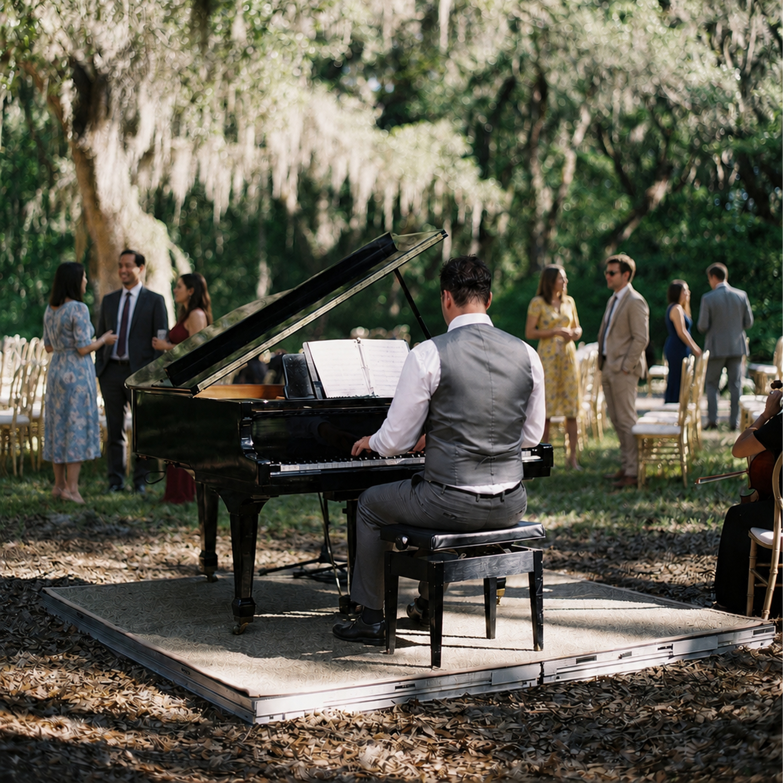 La Jolla wedding setting with live piano for ceremony and cocktail hour
