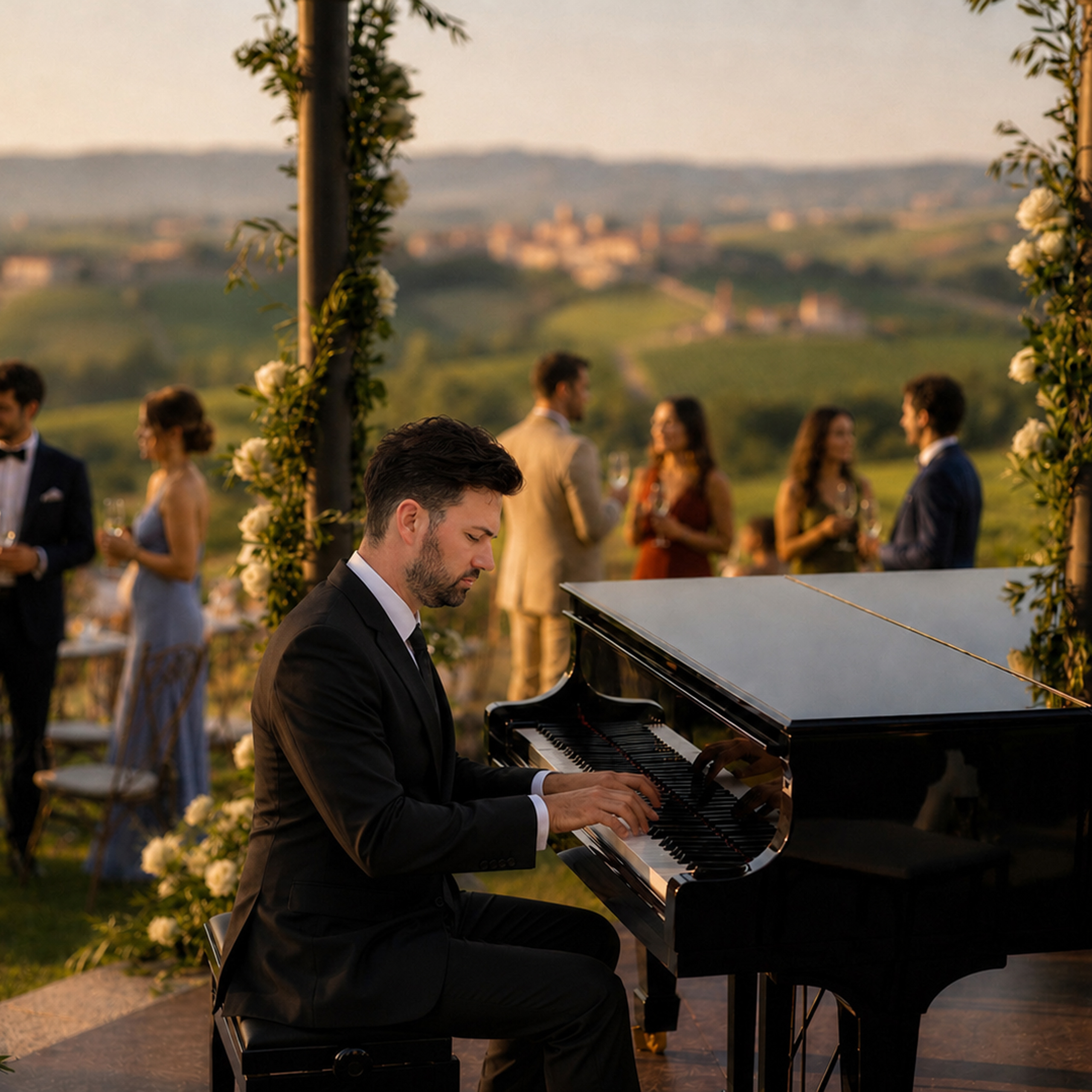 Carlsbad wedding setting with live piano for ceremony and cocktail hour
